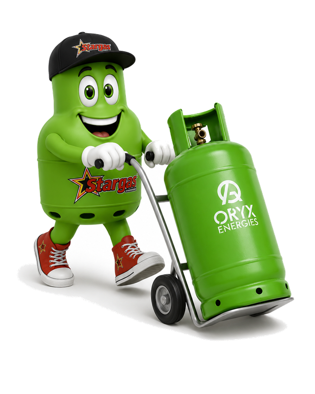 Gazo, the Stargas mascot, delivering a gas cylinder